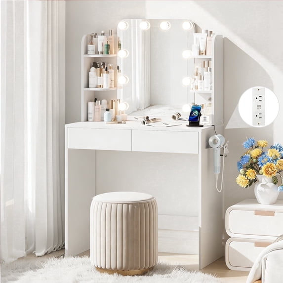 Black Small Vanity Desk with Lighted Mirror and Power Outlet, Pipleo 31.5" Makeup Table with 2 Drawers & 6 Storage Shelves, Women Girls Vanity for Small Space, Easy Assembly