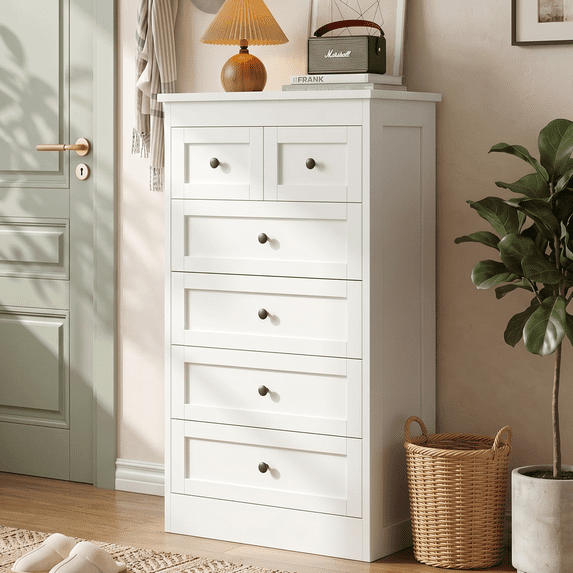 NEORIVER 6 Drawer Tall Dresser, Modern Farmhouse White Chest of Drawers with Assembly Video Guide