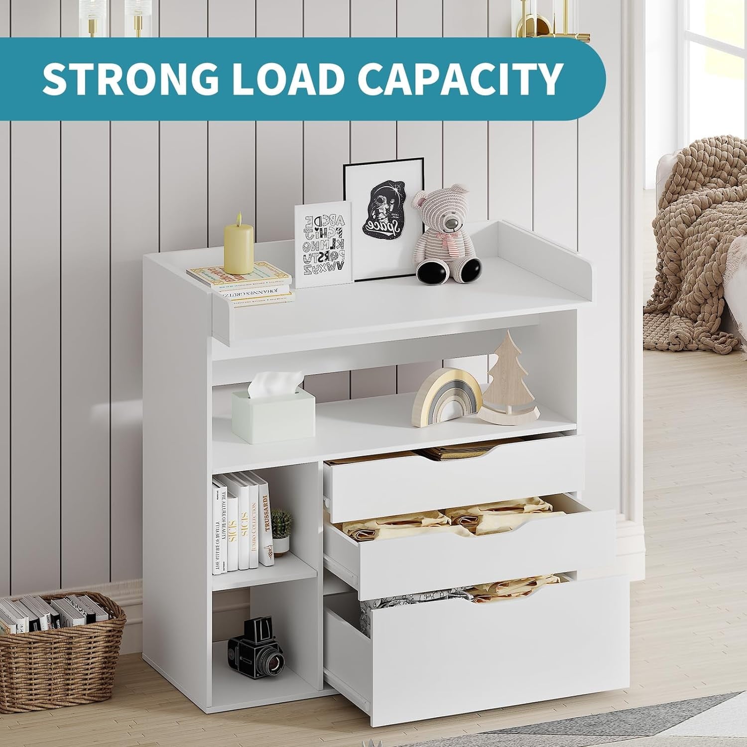 Linor Baby Changing Table Dresser with 3 Drawers and 3 Storage Shelves –