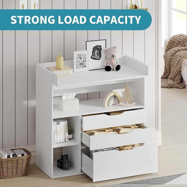 Linor Baby Changing Table Dresser with 3 Drawers and 3 Storage Shelves, Can be Used as a Baby Dresser with Changing Table Top, a Baby Changing Station, a Wood Diaper Changing Station (White)