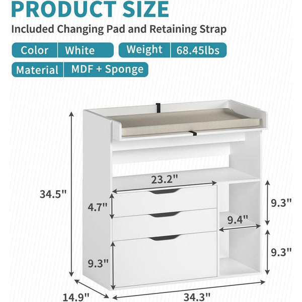 Linor Baby Changing Table Dresser with 3 Drawers and 3 Storage Shelves, Can be Used as a Baby Dresser with Changing Table Top, a Baby Changing Station, a Wood Diaper Changing Station (White)