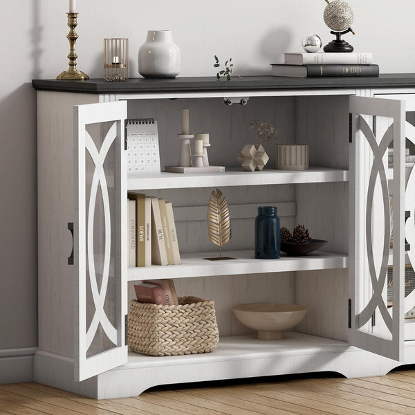 Akaber US 69" Sideboard Buffet, Farmhouse Buffet Cabinet with 4 Glass Barn Doors, Wood Sideboard Storage Cabinet for Kitchen, Dining Room, Living Room, Antique White