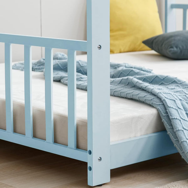 Blue Full Size Wood Floor Bed, Twin Size Low House Playhouse Bed with Headboard and Footboard, Toddler Floor Bed Frame for Boys, Girls, Easy Assembly, No Box Spring Needed