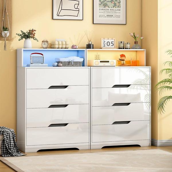 Akaber US 4 Drawer Dresser, 47.2" Modern Dresser and Chests of Drawers with LED Lights, Tall Chest of Drawers with Charging Station for Bedroom, Living Room