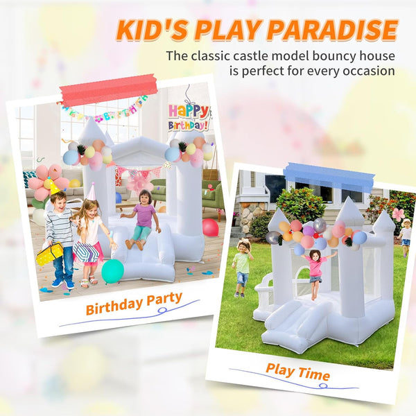 Wanan White Bounce House, 9FT Inflatable Bounce House for Kids, 840D Oxford Cloth Bounce House with Slide, Castle Style Bouncy House with Blower, Easy to Set up, Party & Birthday & Gift