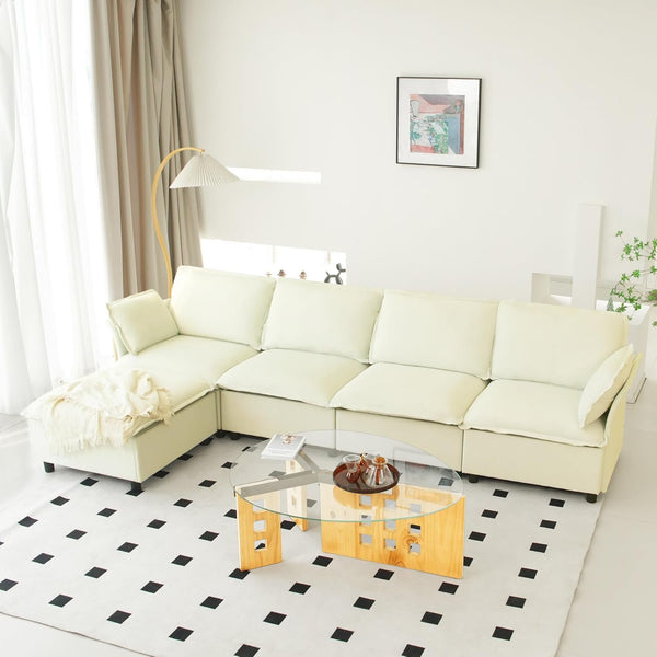 Akaber 130" L-Shaped Cloud Sectional Sofa, Modular Velvet Convertible Sofa Bed with Storage,Plush Living Room Couch (Beige)