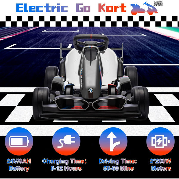 Akaber Electric Go Kart with Adjustable Seat, 24V 9AH Drift Kart with Dual 200W Motors, Crazy Go Cart for Kids Ages 6-12, Licensed BMW, LED Lights, Drift Mode and 2 Speed(Grey)