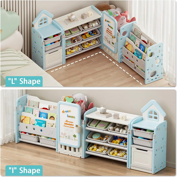 Kids Toy Storage Organizer with 10 Removable Bins, Foldable Toy Organizers and Storage with 3-Tier Bookshelf for Kids Toy Storage Organizer with Drawing Board, Extra 3 Brushes