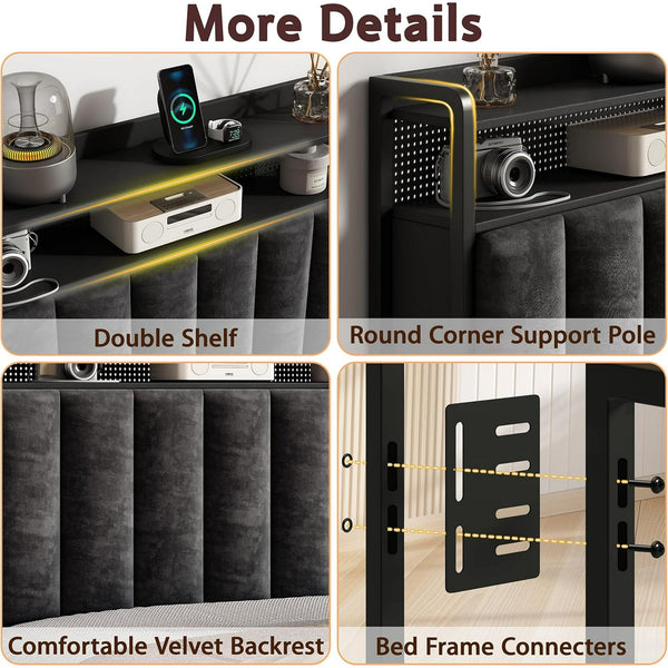 Akaber King Size Headboard only, Upholstered Headboard for Bed with Hidden Storage and Charging Station, LED Lights, Adjustable, Easy Assembly, Black (King (U.S. Standard))