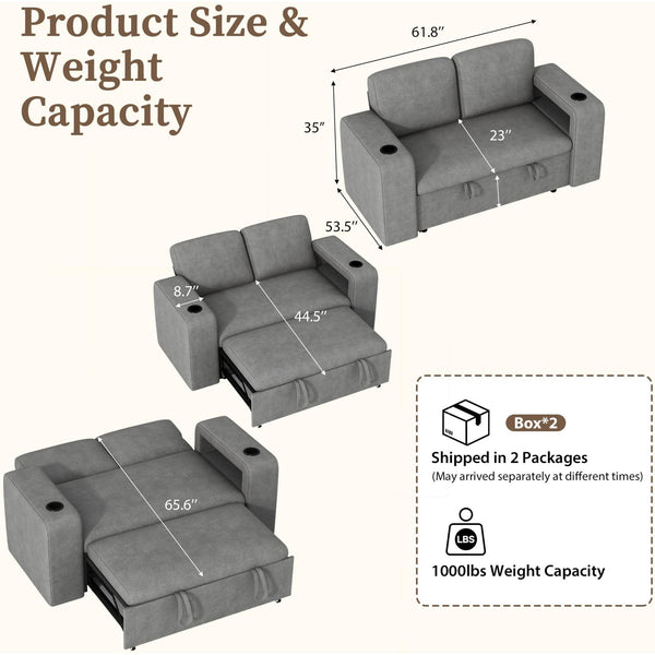 Pipleo 2 Seats Sectional Sleeper Sofa with Pull Out Couch Bed, Modular Cloud Couch with Dual Arm Storage, USB Charging and Adjustable Backrest Sofa