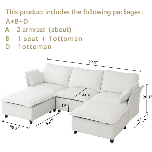 Akaber 100" U-Shaped Cloud Sectional Sofa, Modular Velvet Convertible Sofa Bed with Storage,Plush Living Room Couch (White)