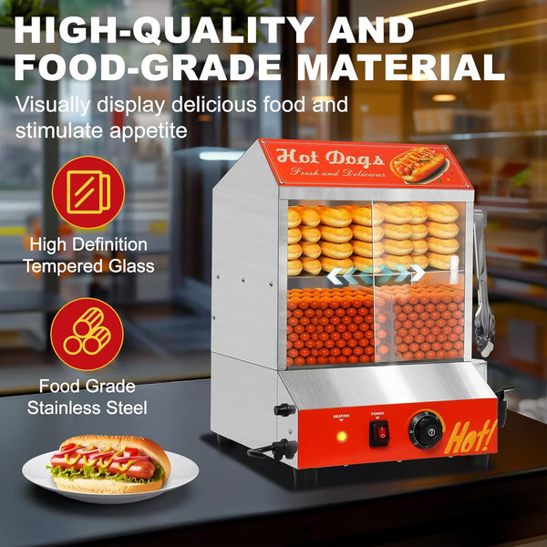 Pipleo 32QT Hot Dog Steamer, 1000W, 30 L, Holds 175 Hotdogs and 40 Buns, Commercial Hot Dog Steamer