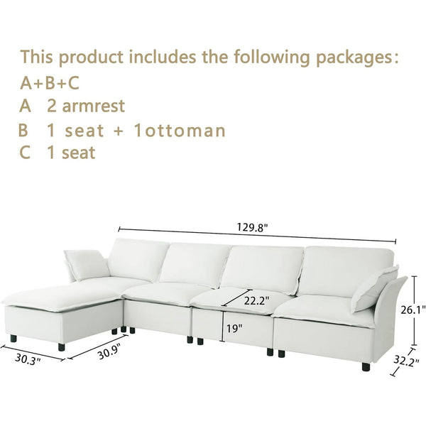Akaber 130" L-Shaped Cloud Sectional Sofa, Modular Velvet Convertible Sofa Bed with Storage,Plush Living Room Couch (White)