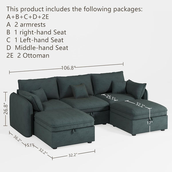 Akaber Modular Sectional Sofa, 107 Inch U Shaped Couch with Movable Storage Ottoman, 25 Inch Deep Seat, Cloud Couches for Living Room, Grayish Green
