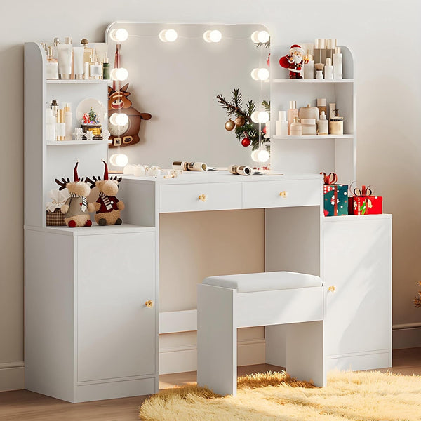 53" Makeup Vanity Set with Mirror and Lights, Pipleo Big White Makeup Vanity Desk with Chair and Power Outlet, 3 Color Lighting Modes & Adjustable Brightness for Bedroom