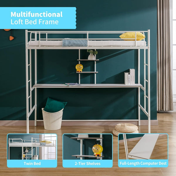 Twin Size Loft Bed Frame with Desk Metal, Multifunctional Loft Bed Frame with Safety Ladder & Guardrail, Space-Saving, No Box Spring Needed