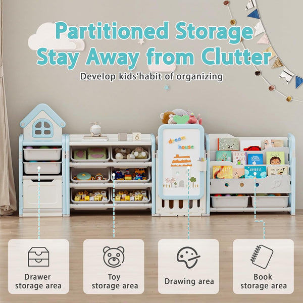 Kids Toy Storage Organizer with 10 Removable Bins, Foldable Toy Organizers and Storage with 3-Tier Bookshelf for Kids Toy Storage Organizer with Drawing Board, Extra 3 Brushes