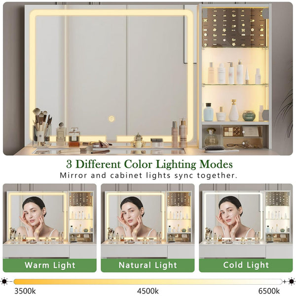 Pipleo 41" Vanity Desk with Glass Top, Makeup Vanity Desk with Mirror and Lights, Modern White Vanity with Power Outlet and 3 Lighting Modes
