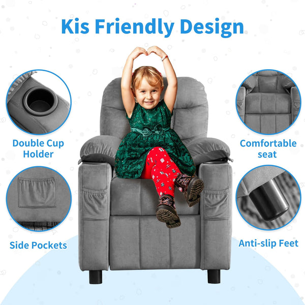 Wanan Kids Recliner Chair, Modern Velvet Lounge with Cup Holder, Footrest, Side Pockets, Gray