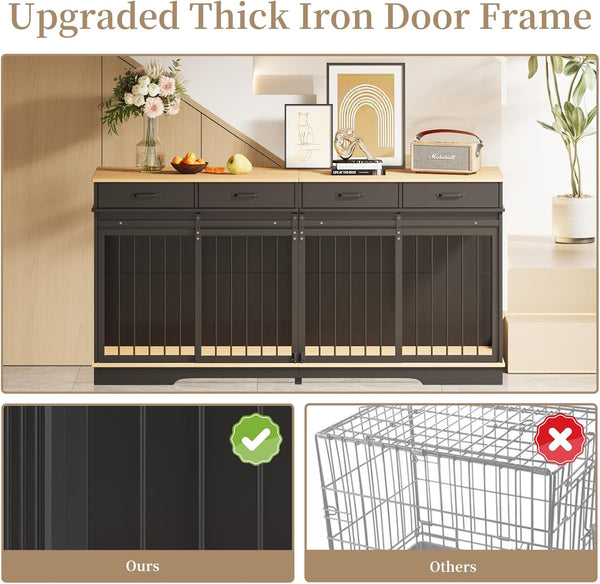 71" Extra Large Dog Crate Furniture, ICEELF Steel Frame Dog Crates with 4 Drawers, Divider, Sliding Barn Door for Small Medium Large Dogs, Indoor Luxury Double Dog Kennel Furniture for 2 Dogs