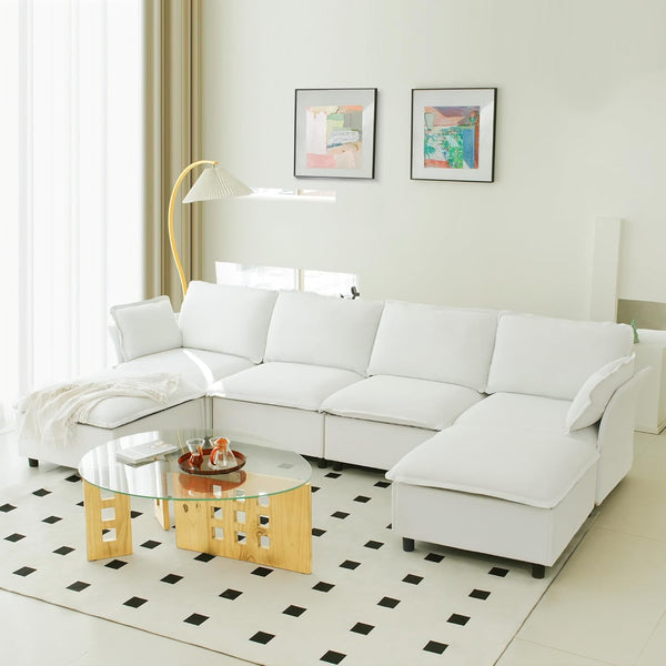 Akaber 130" U-Shaped Cloud Sectional Sofa, Modular Velvet Convertible Sofa Bed with Storage, Plush Living Room Couch(White)