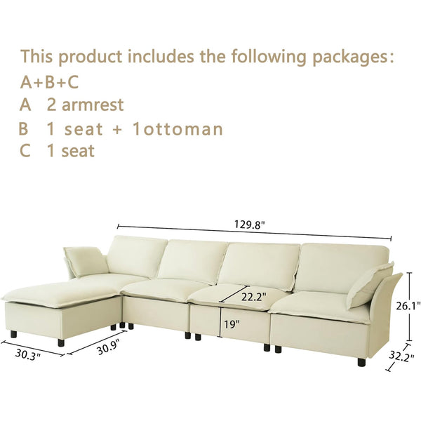 Akaber 130" L-Shaped Cloud Sectional Sofa, Modular Velvet Convertible Sofa Bed with Storage,Plush Living Room Couch (Beige)