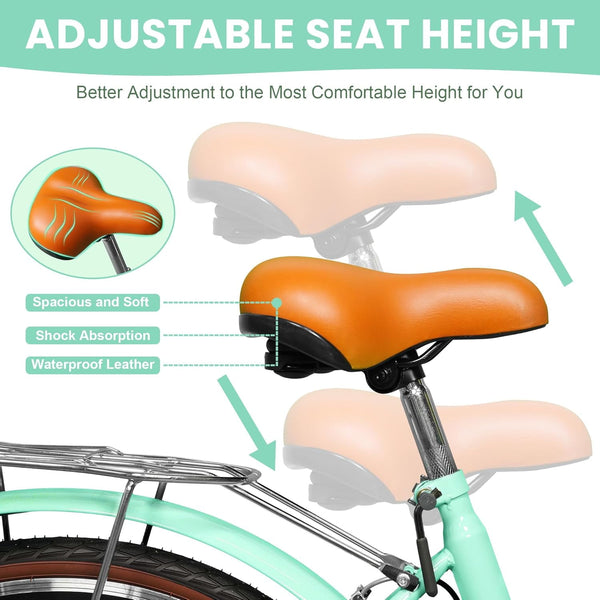 24" Beach Cruisers for Women, Pipleo Bikes for Women with Rattan Basket, 7-Speed & Step-Through Frame