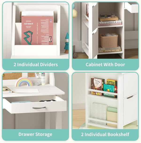White Kids Study Desk with Chair, Wooden Kids Study Desk and Chair Set, Study Table for Boys and Girls, Kids Computer with Storage Drawers, Bookshelf and Bullentin Board