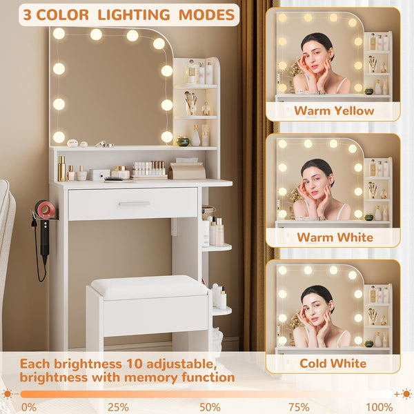Pipleo 26.4" Small Makeup Vanity Set with Mirror and Lights, Modern Vanity Desk with Bench and Power Outlets