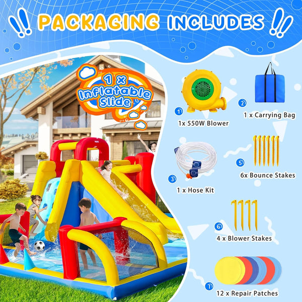 Akaber Inflatable Water Slide for Kids, Summer 8-in-1 Giant Water Park with Bounce House, Basketball Hoop, Soccer Zone, Climbing Wall, Pool & Slide, Blow Up in 2 Mins for Backyard Outdoor Fun
