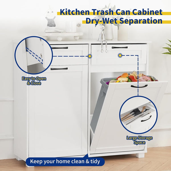 10 Gallon Double Tilt Out Trash Cabinet, ICEELF Kitchen Trash Can Cabinet, Dog Proof Tilt Out Trash Bin Holder, Free Standing Recycling Cabinet with 2 Hideaway Drawers for Kitchen Living Room