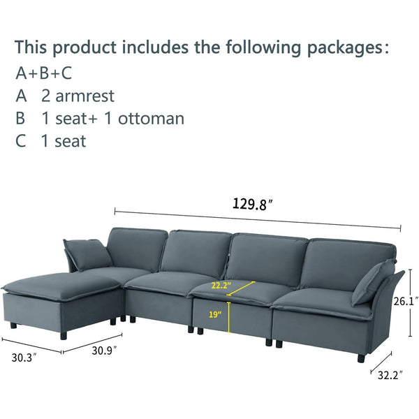 Akaber 130" L-Shaped Cloud Sectional Sofa, Modular Velvet Convertible Sofa Bed with Storage,Plush Living Room Couch (Grey)