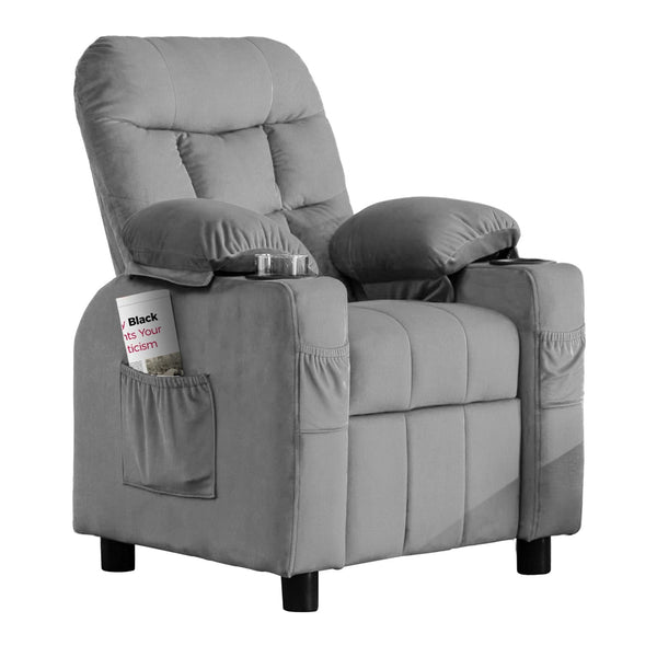 Wanan Kids Recliner Chair, Modern Velvet Lounge with Cup Holder, Footrest, Side Pockets, Gray