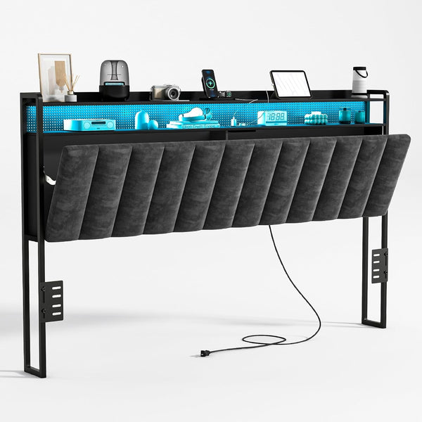 Akaber King Size Headboard only, Upholstered Headboard for Bed with Hidden Storage and Charging Station, LED Lights, Adjustable, Easy Assembly, Black (King (U.S. Standard))