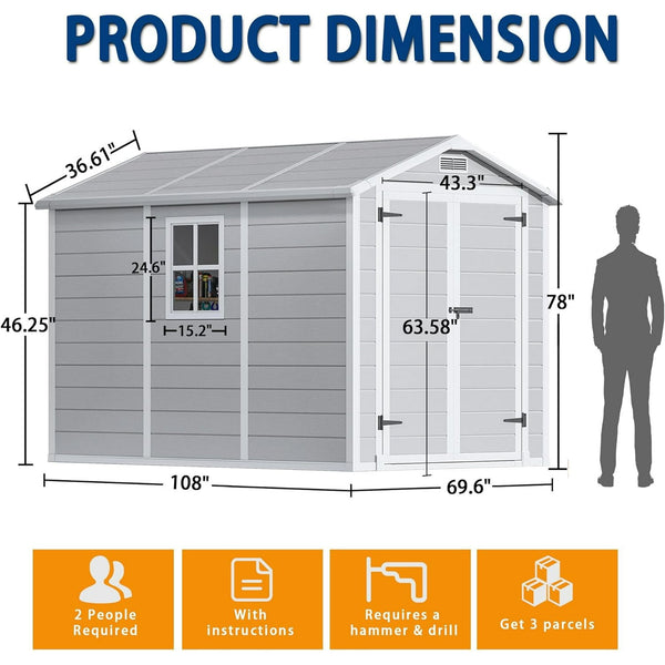 9 x 5.8 FT Outdoor Storage Shed, Linor Resin Shed with Floor, Window, and Vents, Weather-Resistant Garden Shed for Garden Tool Outside Sheds, Bike Shed, Backyard Shed