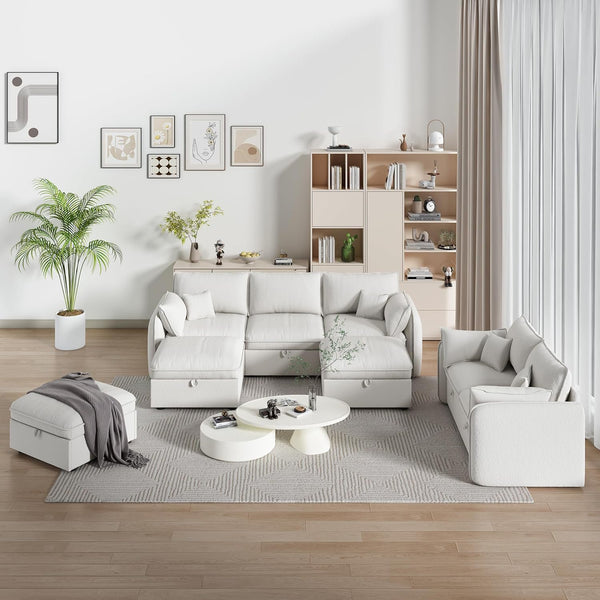 Akaber Modular Sectional Sofa, 107 Inch U Shaped Couch with Movable Storage Ottoman, 25 Inch Deep Seat, Cloud Couches for Living Room, Beige