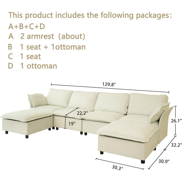 Akaber 130" U-Shaped Cloud Sectional Sofa, Modular Velvet Convertible Sofa Bed with Storage, Plush Living Room Couch(Beige)