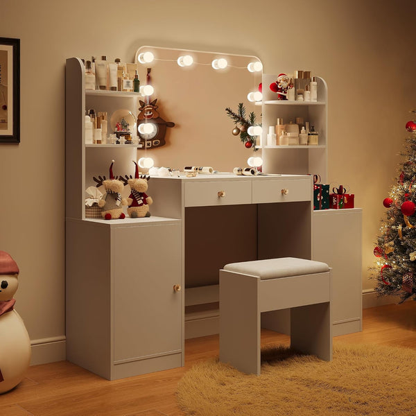 53" White Vanity Set with Mirror and Lights, Akaber Makeup Vanity Desk with Chair and Charging Station for Bedroom