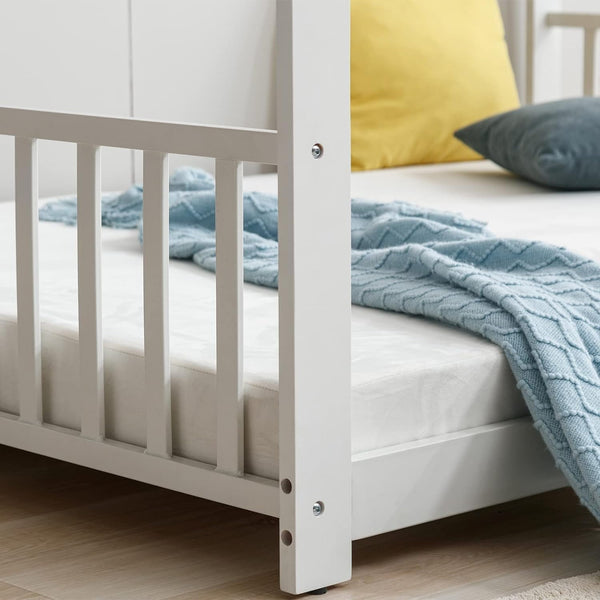 White Full Size Wood Floor Bed, Twin Size Low House Playhouse Bed with Headboard and Footboard, Toddler Floor Bed Frame for Boys, Girls, Easy Assembly, No Box Spring Needed