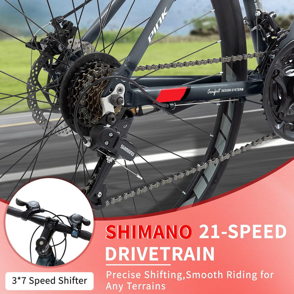 Pipleo Mens Road Bike, 700C x 21 Speed with Shimano Gears & Aluminum Frame - Lightweight Sport Racing and Urban Commuter Hybrid Bicycle for Adults，Frame Size 49CM