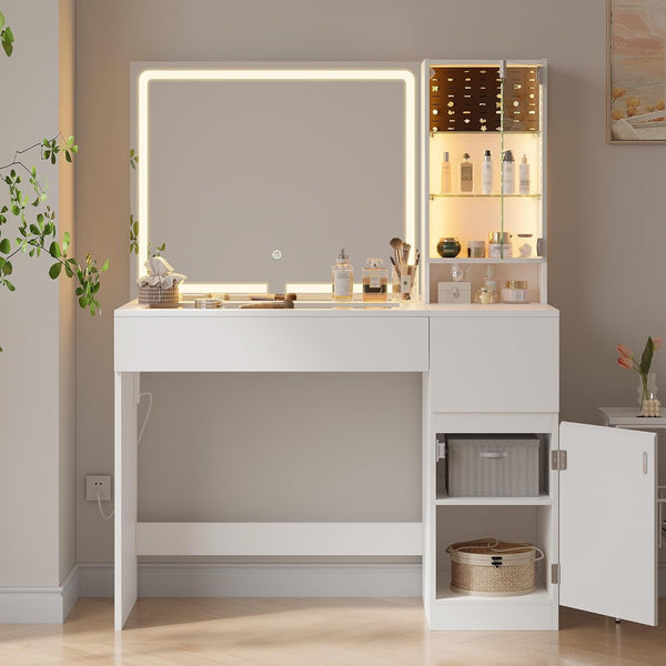 Pipleo 41" Vanity Desk with Glass Top, Makeup Vanity Desk with Mirror and Lights, Modern White Vanity with Power Outlet and 3 Lighting Modes