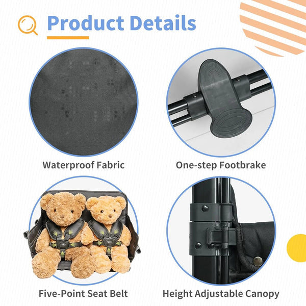 Wagon Stroller for 4 Kids, Linor Stroller Wagon 4 Seater Featuring 4 High Seat with Footwell, 5-Point Harnesses and Adjustable Canopy, Foldable Double Push Bar Baby Wagon for Camping