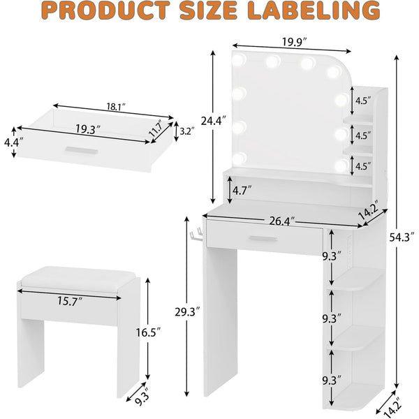 Pipleo 26.4" Small Makeup Vanity Set with Mirror and Lights, Modern Vanity Desk with Bench and Power Outlets