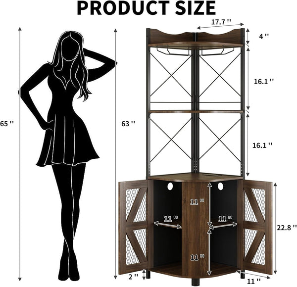 Corner Bar Cabinet with RGB LED Lights and Power Outlet, 63 Inch, 5-Tier Industrial Corner Wine Cabinet with Glass Holder, Corner Liquor Cabinet for Home, Coffee Bar Cabinet