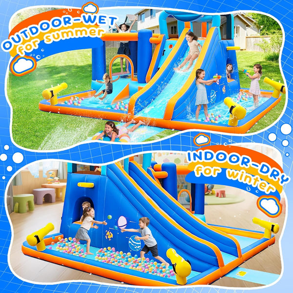 Akaber 10-in-1 Giant Inflatable Water Slide Park for Kids, 2 Min Blow Up Backyard Water Park with Large Slide, Pool, Tunnel, Bounce House, Basketball Hoop, Climbing Wall & Air Blower