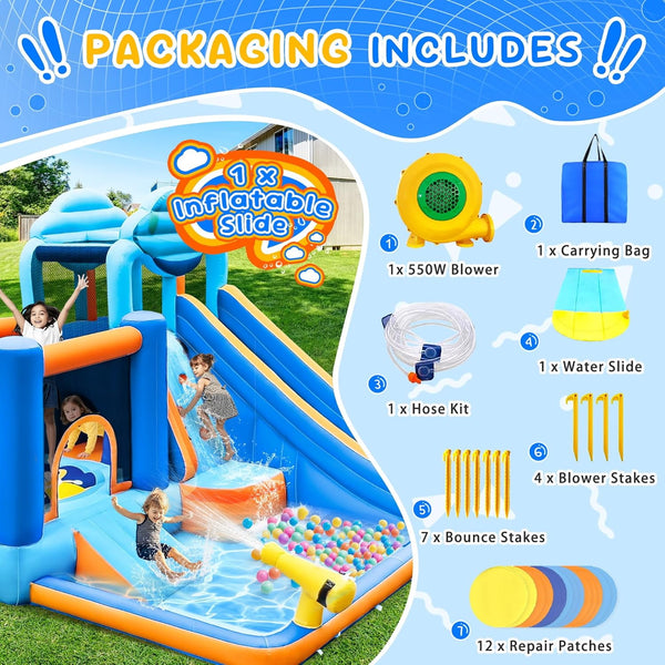 Akaber 10-in-1 Giant Inflatable Water Slide Park for Kids, 2 Min Blow Up Backyard Water Park with Large Slide, Pool, Tunnel, Bounce House, Basketball Hoop, Climbing Wall & Air Blower