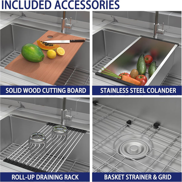 33 x 22 Inch Drop in Kitchen Sink, Pipleo 16 Gauge Stainless Steel Kitchen Sinks, 9 inch Deep Single Bow Kitchen Sink with Cutting Board, Colander, Roll-Up Rack, Workstation Sink for Kitchen