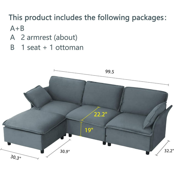 Akaber 100" L-Shaped Cloud Sectional Sofa, Modular Velvet Convertible Sofa Bed with Storage,Plush Living Room Couch (Grey)