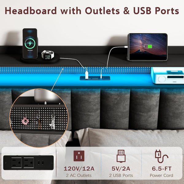 Akaber Queen Size Headboard only, Upholstered Headboard for Bed with Hidden Storage and Charging Station, LED Lights, Adjustable, Easy Assembly, Black (Queen (U.S. Standard))