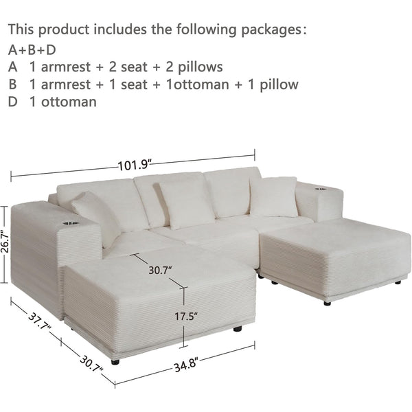 Akaber 101" Modular Sectional Sofa with U-Shape Chaise, 3-Seater Comfy Cloud Couch with Movable Ottoman, Deep Seat Couches for Living Room with Throw Pillows, Beige Grey